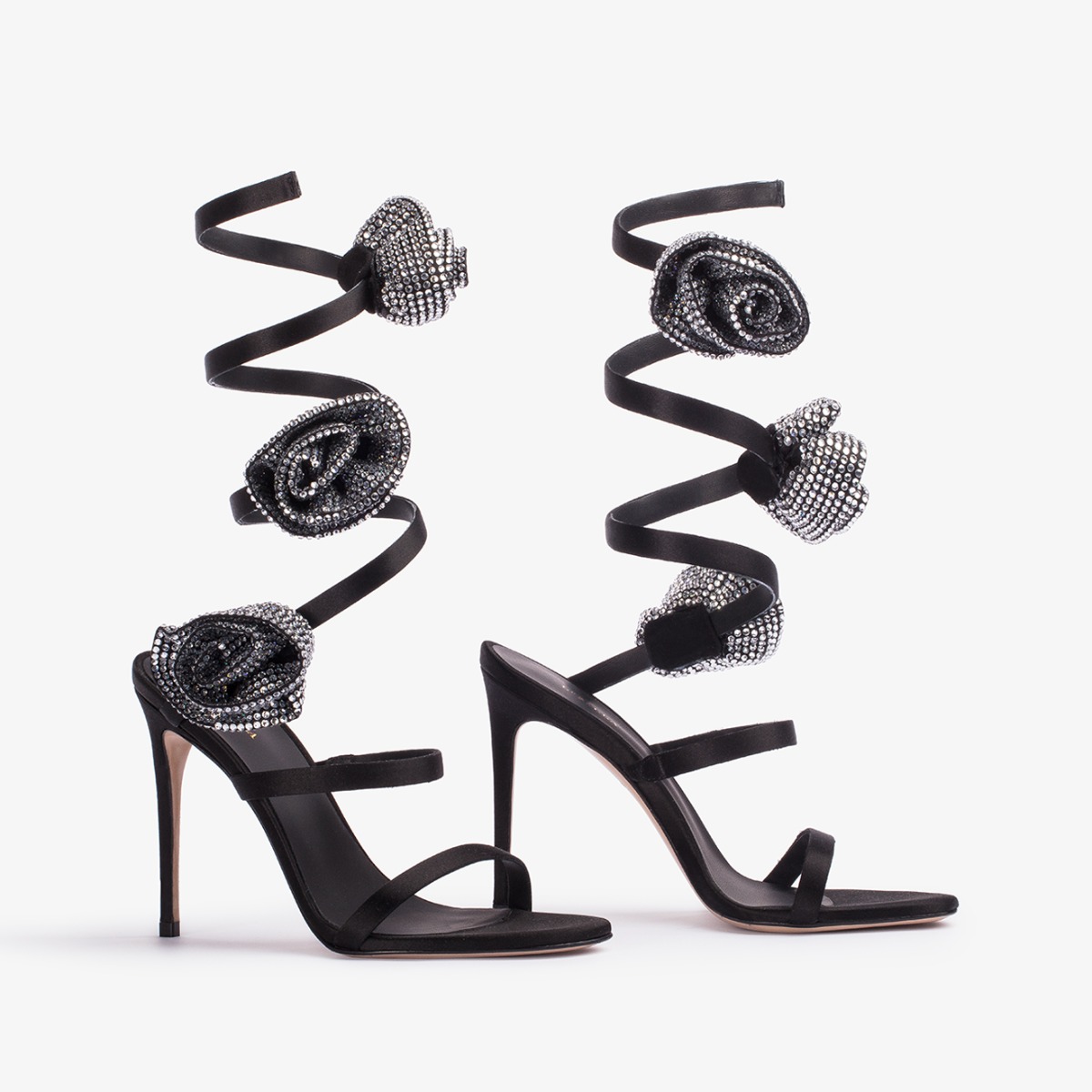Black satin sandal with silver Crystal-embellished roses