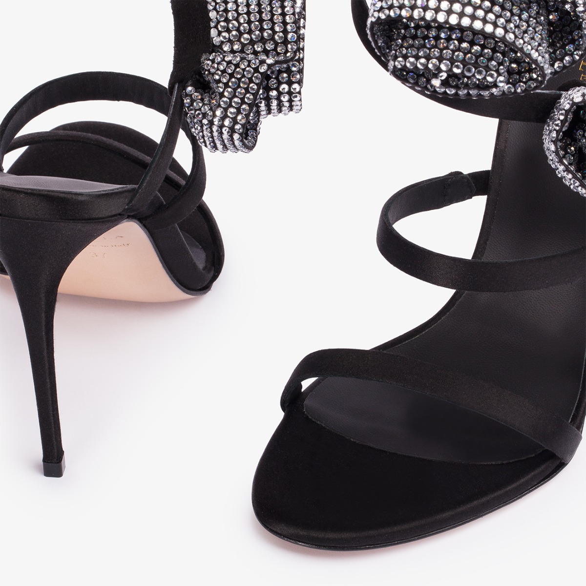 Black satin sandal with silver Crystal-embellished roses